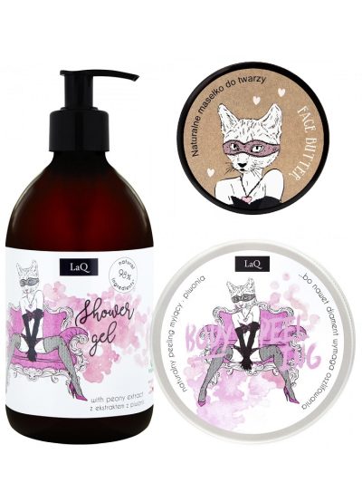 LaQ Kocica Piwonia zestaw żel pod prysznic 500ml + masełko do twarzy 50ml + peeling do ciała 200ml
