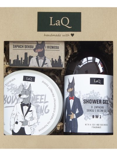LaQ Doberman zestaw żel pod prysznic 500ml + mydło w kostce 85g + peeling do ciała 200ml