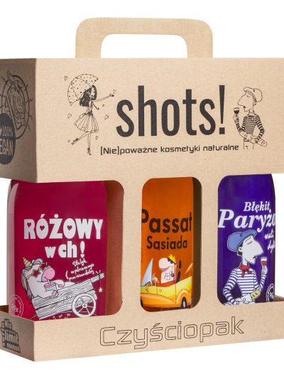 LaQ Shots! Czyściopak Unisex zestaw żel pod prysznic Różowy w ch! 500ml + Passat Sąsiada 500ml + Błękit Paryża 500ml